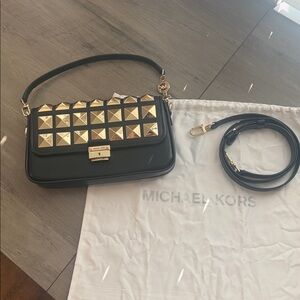 Michael Kors Black Bradshaw Handbag with Gold Pyramid Studs